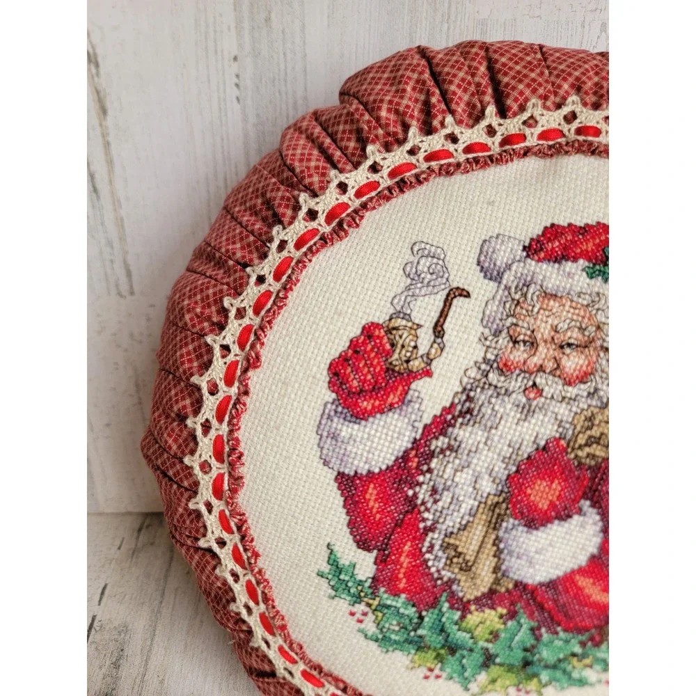 Vintage embroidery circle Santa Claus pillow Xmas red toy bag pattern country